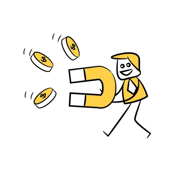 Obchodník Pomocí Magnetu Přilákat Magnetizovat Peníze Žlutá Hůl Figurka Design — Stockový vektor