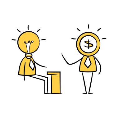 Fikir adamı ve dolar adam, fikir ve fon kavramı sarı çöp adam 