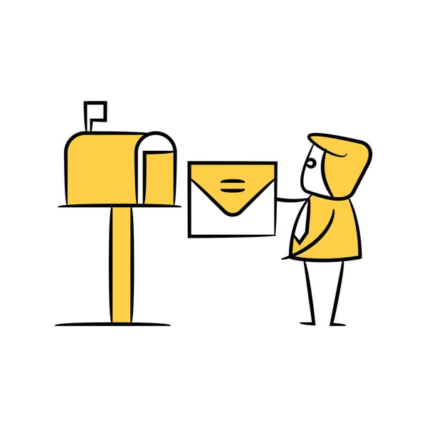 Empresário Enviando Mails Para Caixa Correio Figura Stick Amarelo — Vetor de Stock