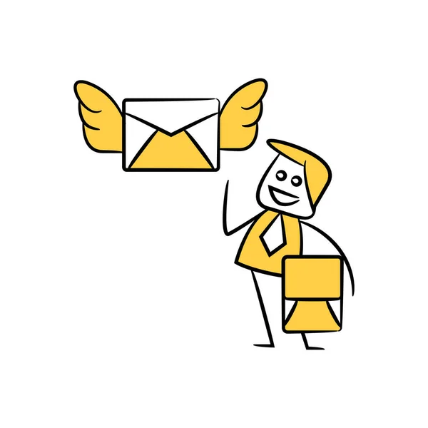 Empresário Segurando Correio Envelope Com Asas Figura Pau Amarelo — Vetor de Stock