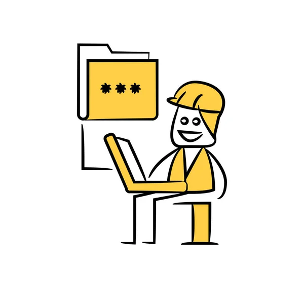 Engineer Working Laptop Password File Yellow Stick Figure Theme — Stock Vector