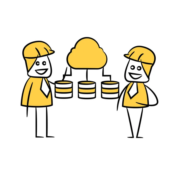 エンジニアとクラウドデータベース黄色の棒図のテーマ — ストックベクタ