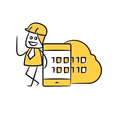 mühendis ve mobil bulut ikili sayı sarı çubuk figürü teması