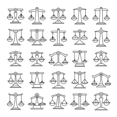 Adalet ölçeği, denge ölçekleri simgeleri ayarlandı, çizgi tasarımı