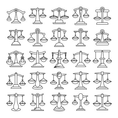 Adalet ölçeği, denge ölçekleri simgeleri ayarlandı, çizgi tasarımı