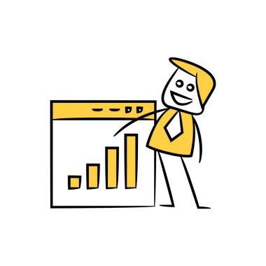 İş adamı web veri grafiği sarı çöp adam tasarımı sunuyor