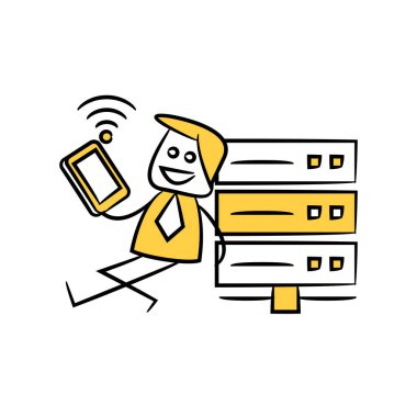 Yönlendiricinin yanında oturan işadamı akıllı telefon sarı çöp adam tasarımı kullanıyor