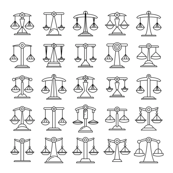Шкала Правосудия Набор Значков Весов Конструкция Линий — стоковый вектор