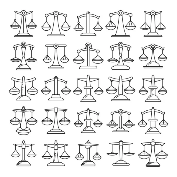 Escala Justicia Conjunto Iconos Escala Equilibrio Diseño Línea — Archivo Imágenes Vectoriales