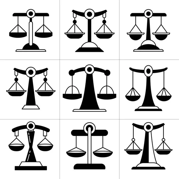 Giustizia Scala Equilibrio Scala Icone Impostate — Vettoriale Stock