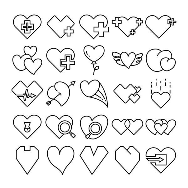 Amor Corazón Iconos Línea Diseño — Vector de stock