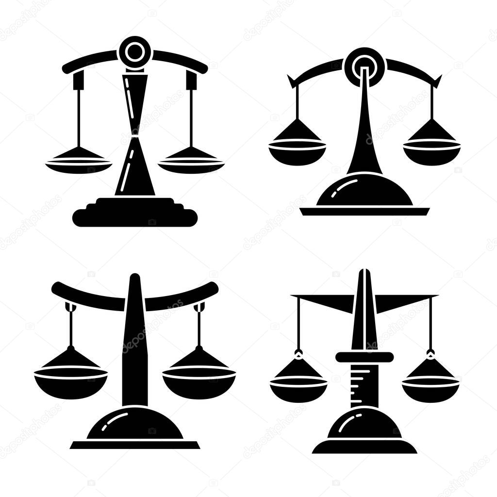 justice scale, balance scale icons set