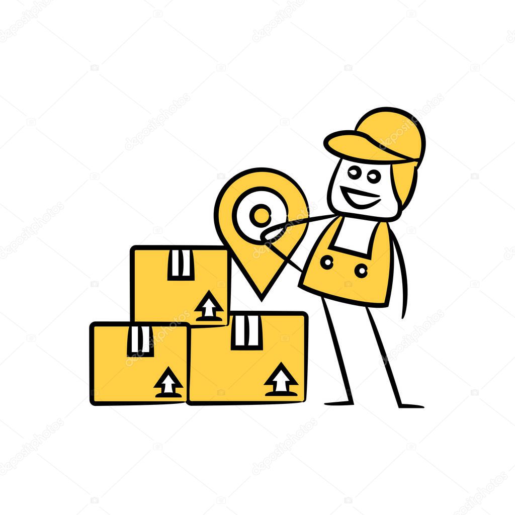 service man, delivery man standing next to boxes and map pin stick figure theme