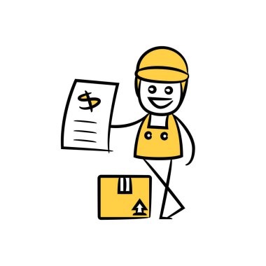 Servis elemanı, teslimatçı, fatura ve kutu figürü teması