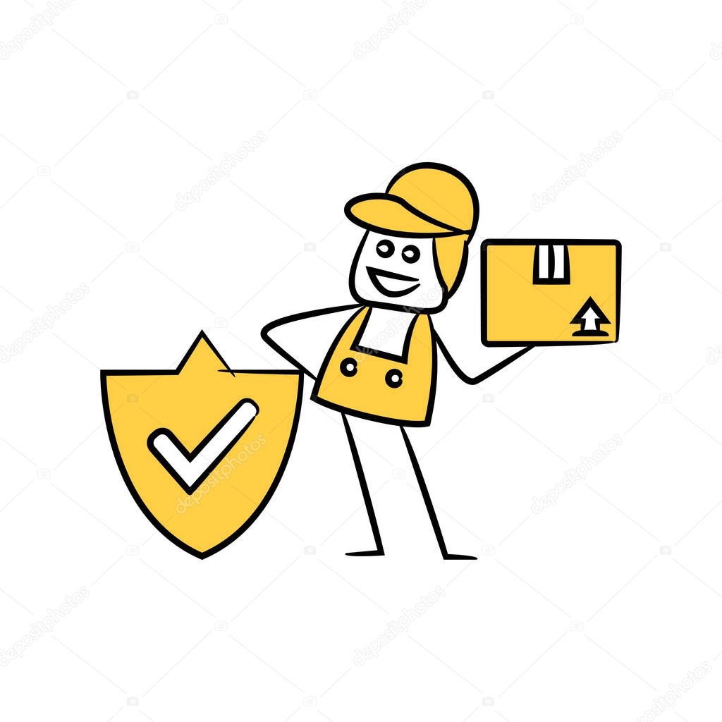 service man, delivery man holding box and shield and check mark stick figure theme