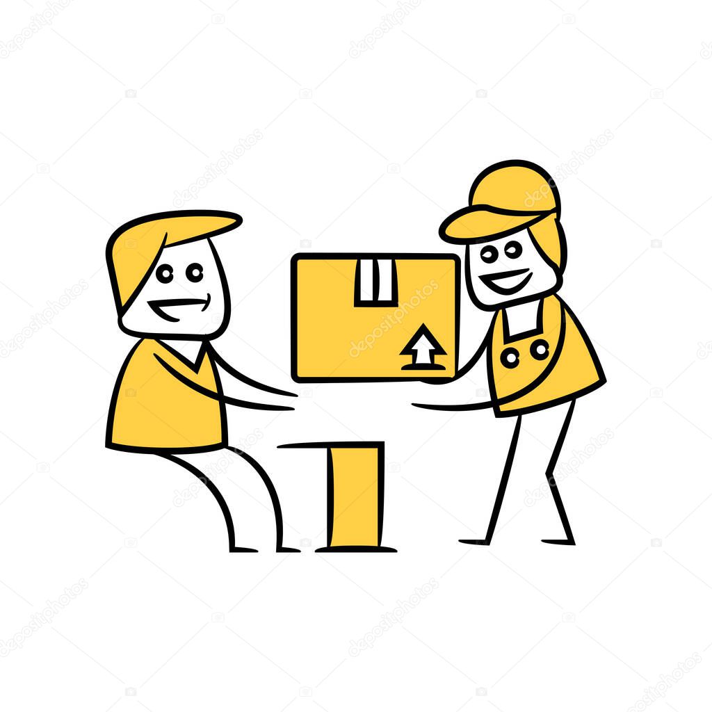 service man, delivery man giving a box to receiver stick figure theme