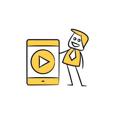 Gezici video sarı çöp adam tasarımının yanında duran iş adamı