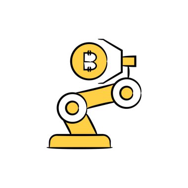 robotik kol ve bitcoin kripto para kavramı sarı el çizimi