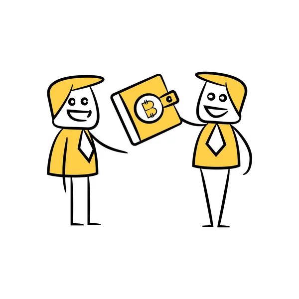 Empresário Dar Carteira Bitcoin Para Amigo Amarelo Doodle Mão Desenhada — Vetor de Stock