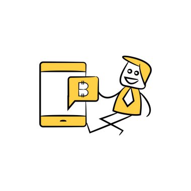 İş adamı ve akıllı telefon kripto para birimi konsepti sarı karalama el çizimi