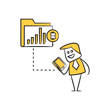 Akıllı telefon bağlantısı kullanan iş adamı Bitcoin dosyası sarı doodle çubuk tasarımı
