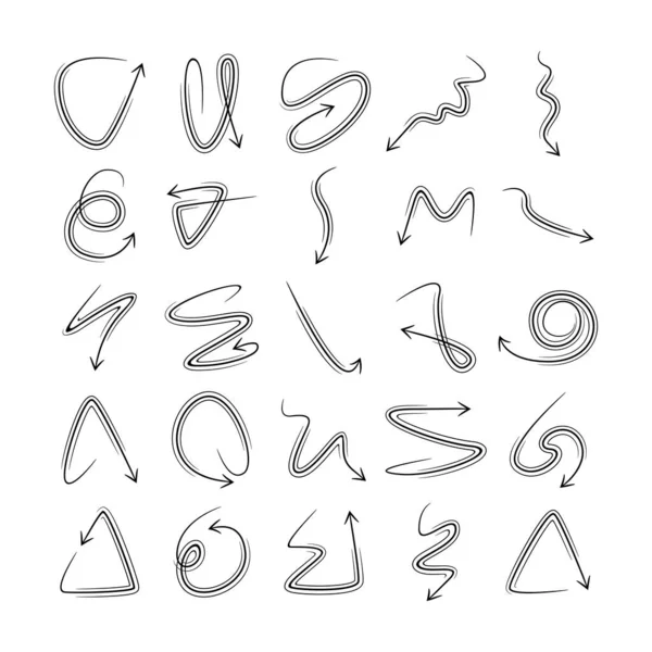 Doodle Gebogen Pijlen Pictogrammen Vector Set — Stockvector