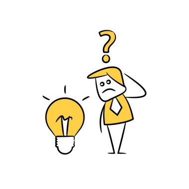 Kafası karışmış sarı çubuk figürlü soru işareti olan iş adamı ampulü arıyor.