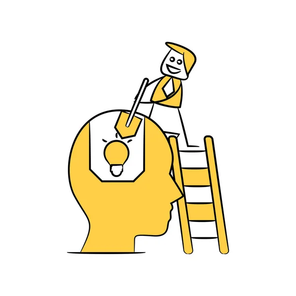 Επιχειρηματίας Σκάψιμο Λάμπα Ιδέα Από Κεφάλι Κίτρινο Ραβδί Σχήμα — Διανυσματικό Αρχείο