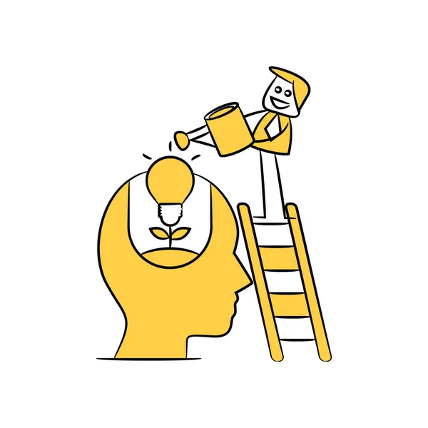 Businessman Watering Light Bulb Seed Human Head Creativity Concept Yellow — Stockvektor