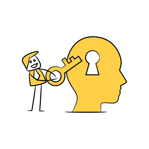 Business Man Use Key Unlock Mind Yellow Stick Figure — стоковый вектор