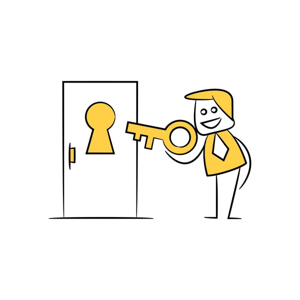 Businessman Using Key Unlock Door Yellow Stick Figure — Stock Vector