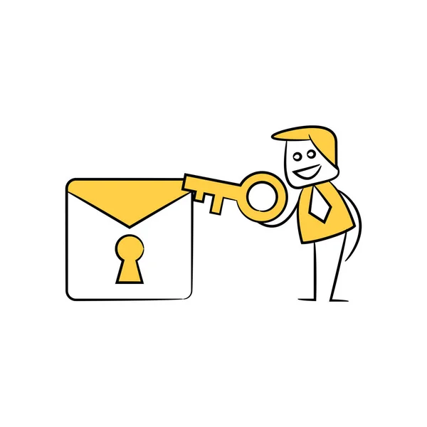 Empresário Usando Chave Para Criptografar Figura Vara Amarelo Mail — Vetor de Stock