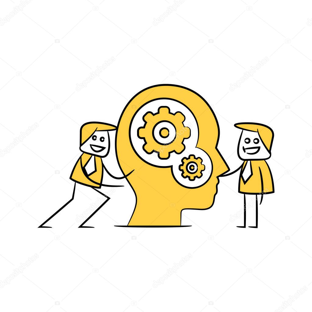 businessmen and human head with cogwheels yellow stick figure concept