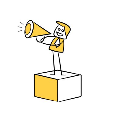 İş adamı ya da pazarlamacı megafon kullanıyor ve kutu sarısının üzerinde duruyor.