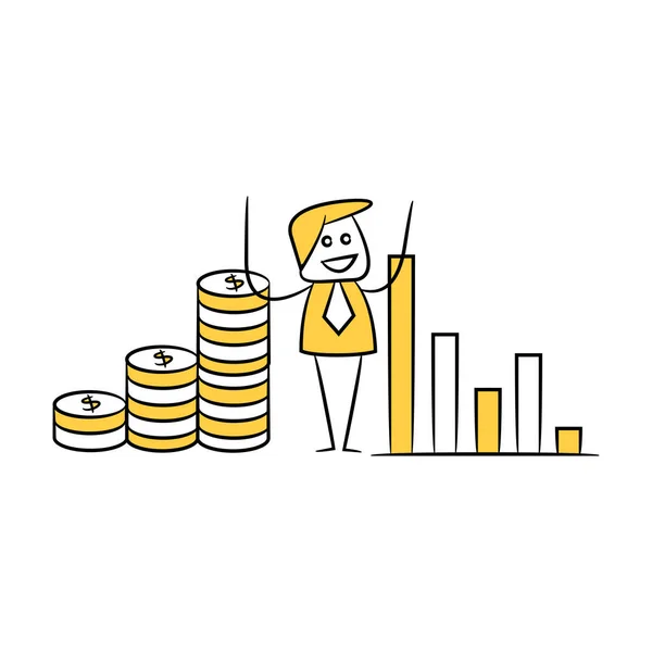 お金のコインと棒グラフの間に立つビジネスマン黄色の棒図 — ストックベクタ