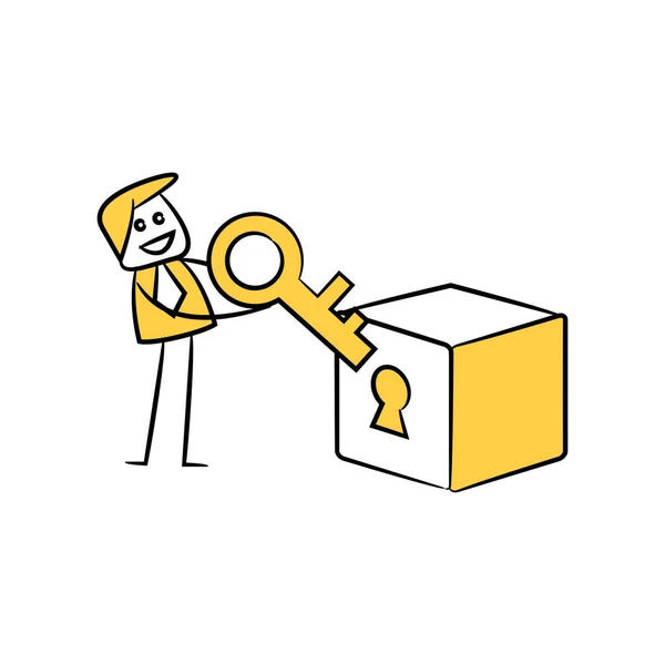 Businessman Using Key Unlock Box Yellow Stick Figure — Stock Vector