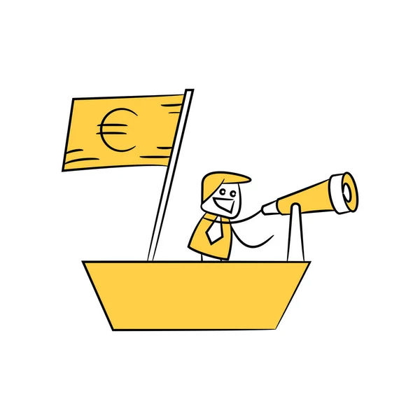 Empresário Usando Binóculos Navio Com Euro Bandeira Amarelo Vara Figura — Vetor de Stock