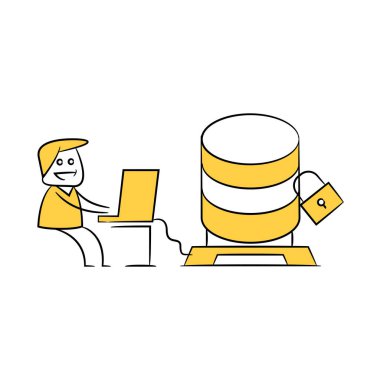 Bilgisayar ve sunucu güvenliği sarı çubuk figüründe çalışan ve hackleyen hacker