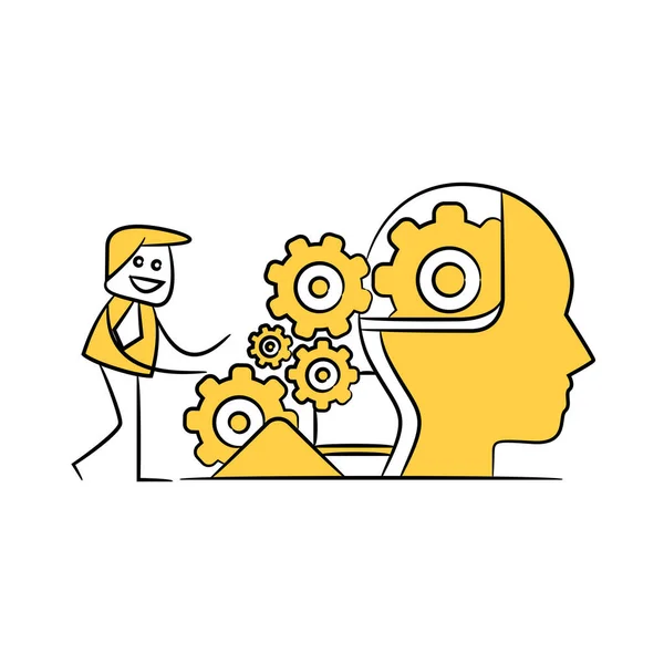 Hombre Negocios Cerebro Humano Con Ruedas Dentadas Figura Palo Amarillo — Vector de stock