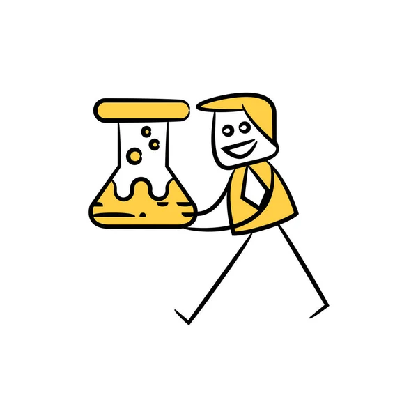 Homem Negócios Andando Segurando Flask Amarelo Vara Figura Doodle Homem —  Vetores de Stock