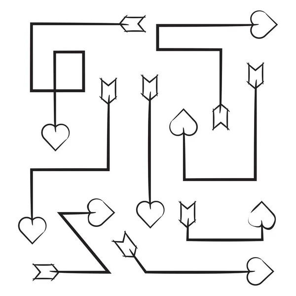 Mão Desenhada Doodle Seta Coração Cabeça Arcos Conjunto — Vetor de Stock