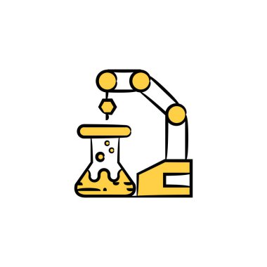 Yapay zeka konsepti için robotik kol ve laboratuvar şişesi sarı el çizimi tema