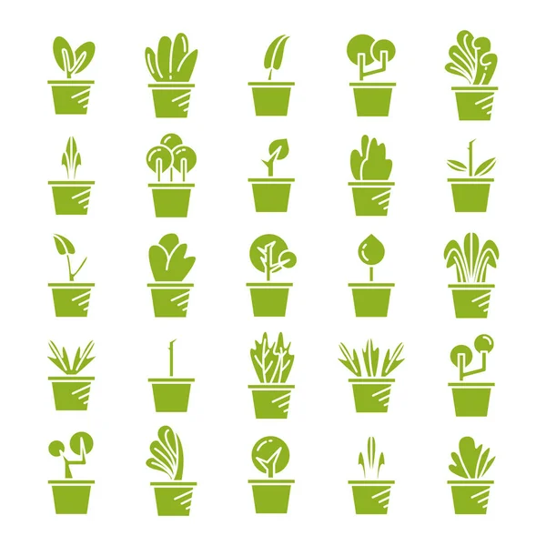 緑のポットの植物のアイコンセットベクトル — ストックベクタ