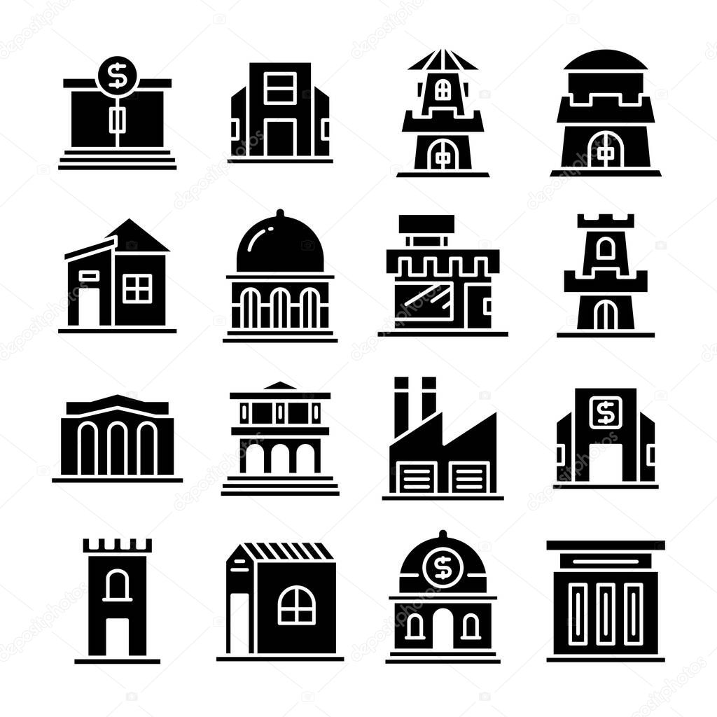 set of building, tower city icons vector