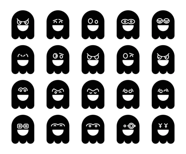Bonito Preto Fantasma Emoji Emoticon Ícones Conjunto — Vetor de Stock