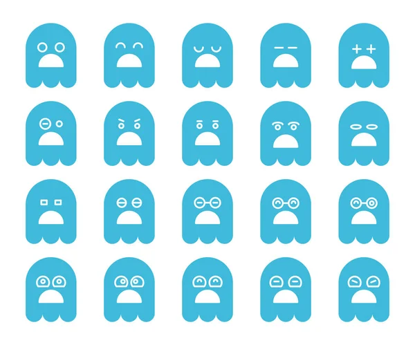 Albastru Drăguț Emoji Fantomă Set Icoane Emoticon — Vector de stoc