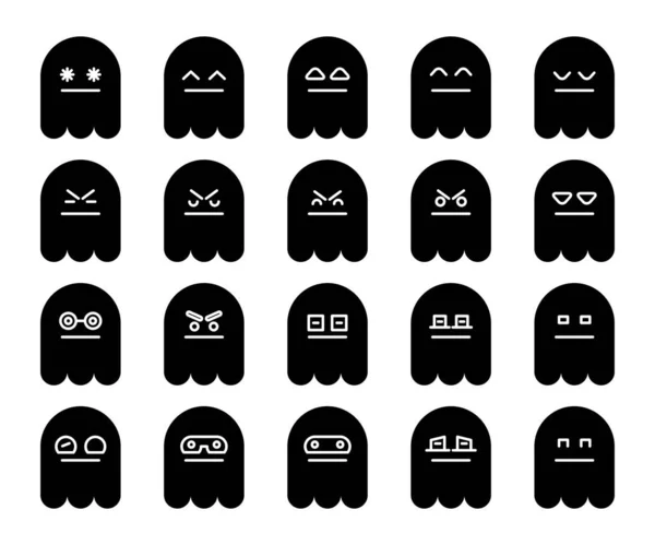 Carino Nero Fantasma Emoji Emoticon Icone Set — Vettoriale Stock