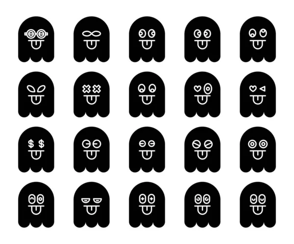 Bonito Preto Fantasma Emoji Emoticon Ícones Conjunto — Vetor de Stock