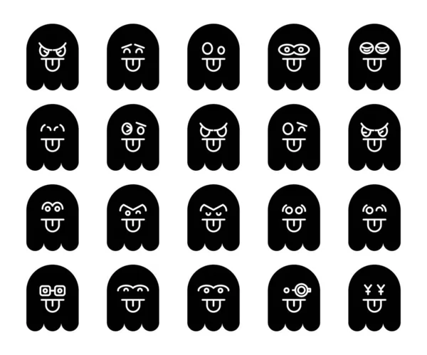 Bonito Preto Fantasma Emoji Emoticon Ícones Conjunto — Vetor de Stock