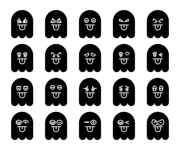 Schattig Zwart Spook Emoji Emoticon Pictogrammen Ingesteld — Stockvector